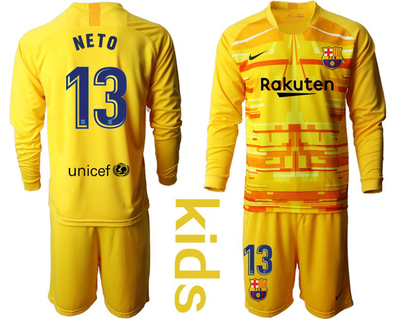 Youth 2019-2020 club Barcelona yellow goalkeeper long sleeve #13 Soccer Jerseys->barcelona jersey->Soccer Club Jersey